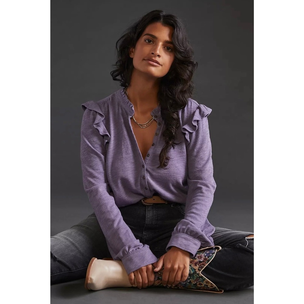 Anthropologie Pilcro Purple‎ Ruffled Henley Top Women's Size XL